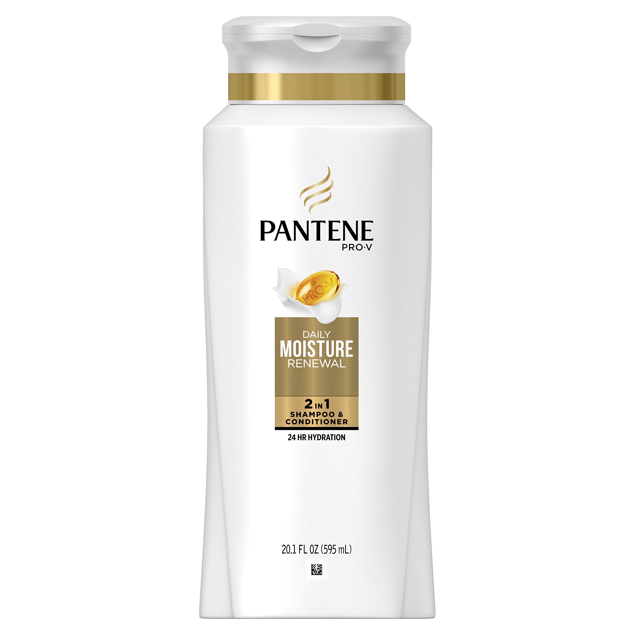 Pantene Pro-V Daily Moisture Renewal 2 in 1 shampoo bottle pouring for gentle cleansing.