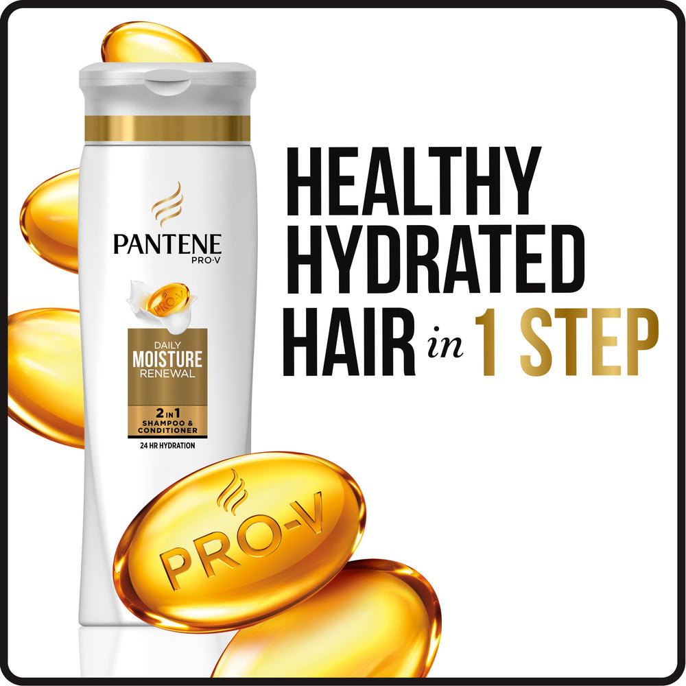Pantene Pro-V Daily Moisture Renewal 2 in 1 bottle closeup reveals shiny hair.