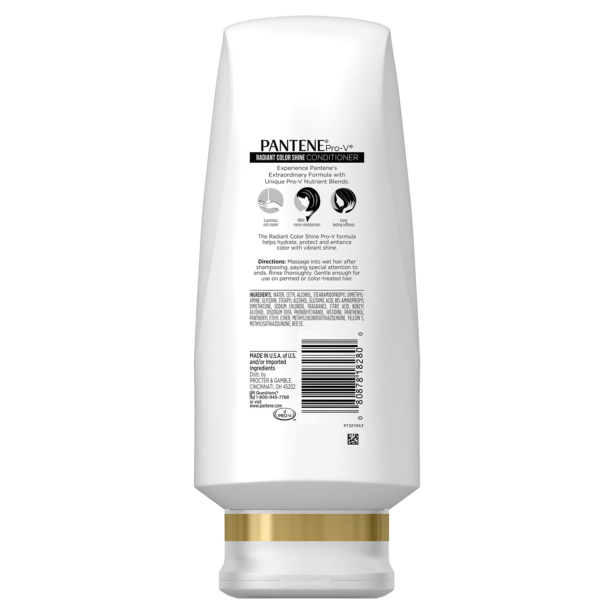 Pantene Pro-V Radiant Color Shine Conditioner label emphasizes Pro-V nutrients for hair health.