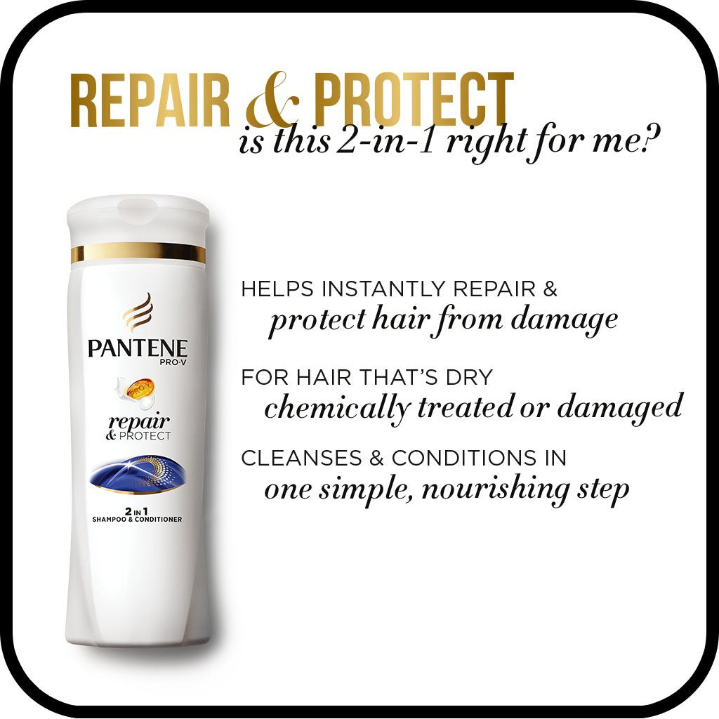 Pantene Pro-V Repair & Protect dual-polymer formula protecting hair during styling.