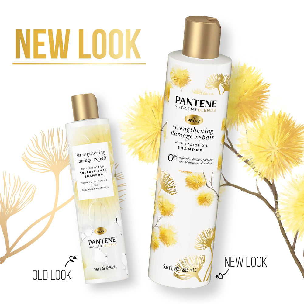 Pantene pump bottle close-up highlights convenient dispensing and salon-like results.