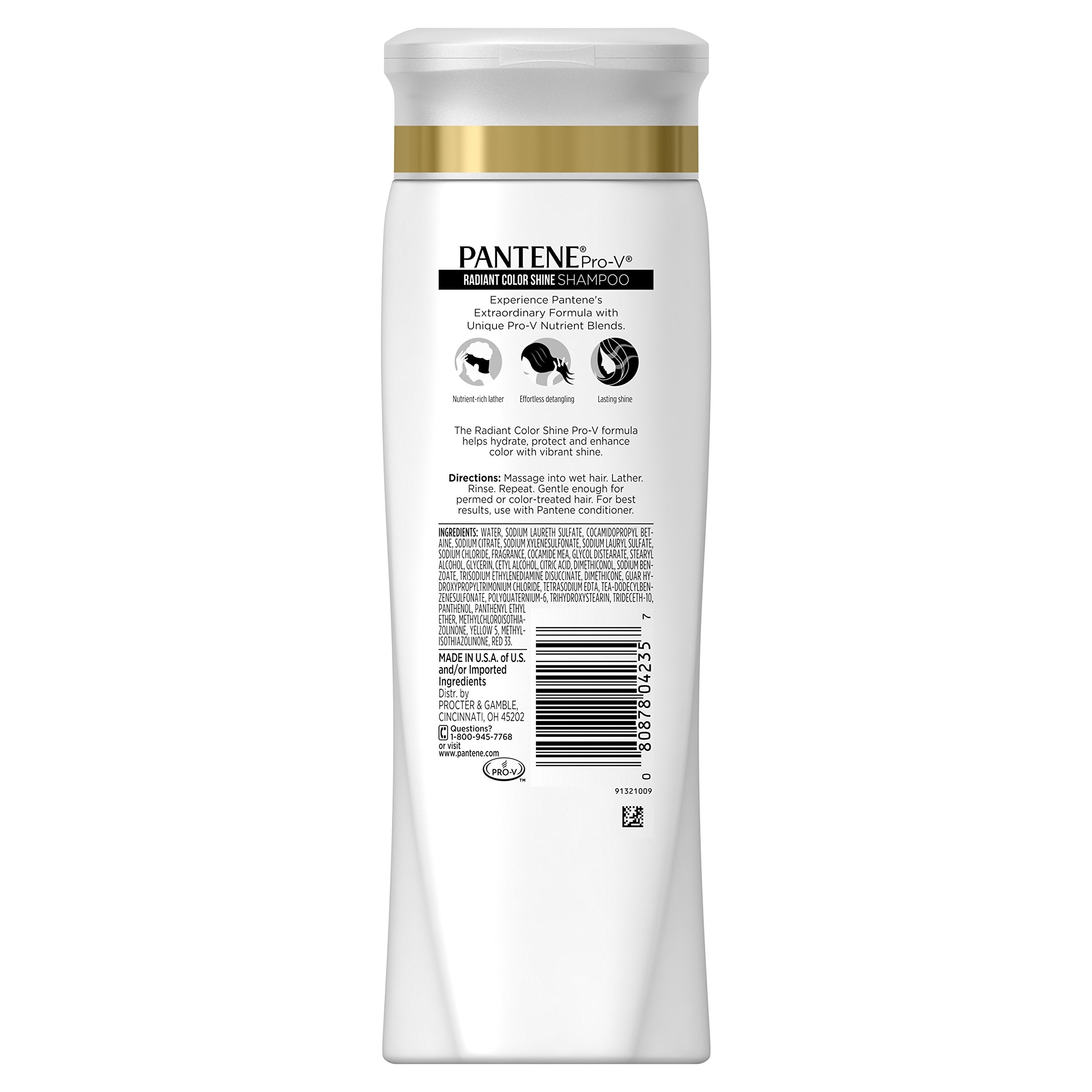 Pantene Radiant Color Shine conditioner bottle demonstrates hydration for softer, shinier color-treated strands.