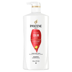 Pantene Radiant Color Shine bottle back highlights gentle, nutrient-rich formula for color-treated hair.