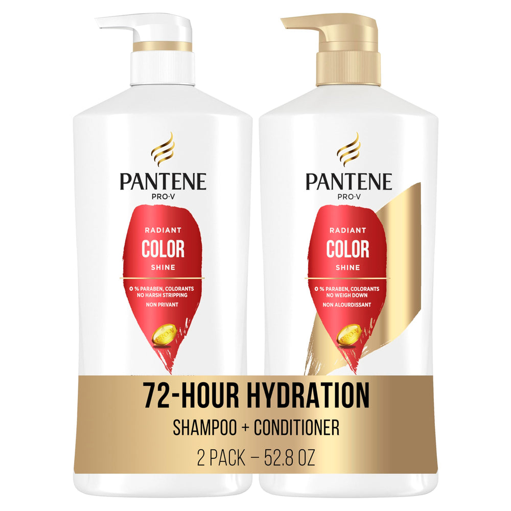 Pantene Radiant Color Shine shampoo bottle highlights color protection and shine.