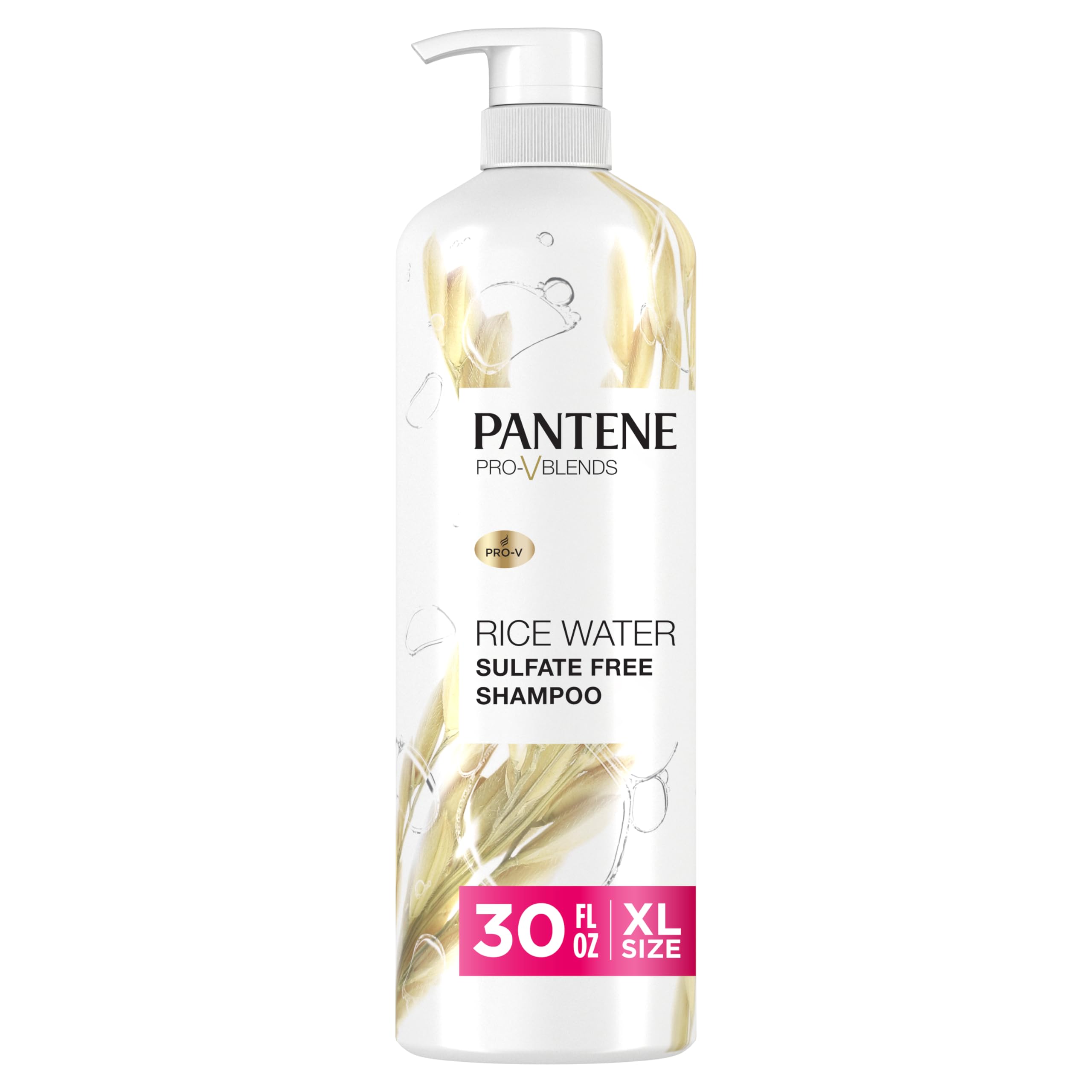 Pantene Rice Water Shampoo bottle shows nourishing formula for stronger, fuller hair.