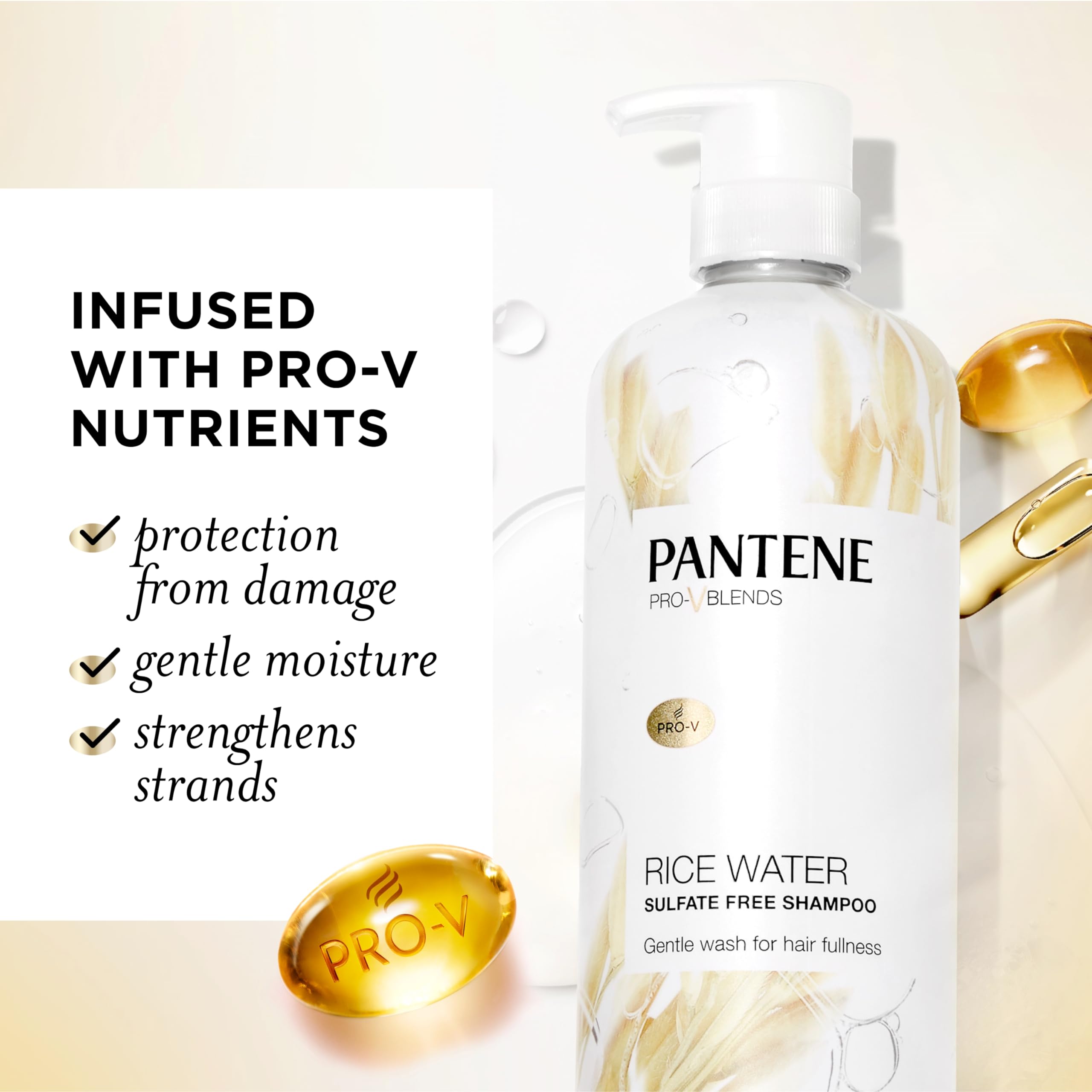 Pantene Rice Water Shampoo lather shows light cleansing for volume.