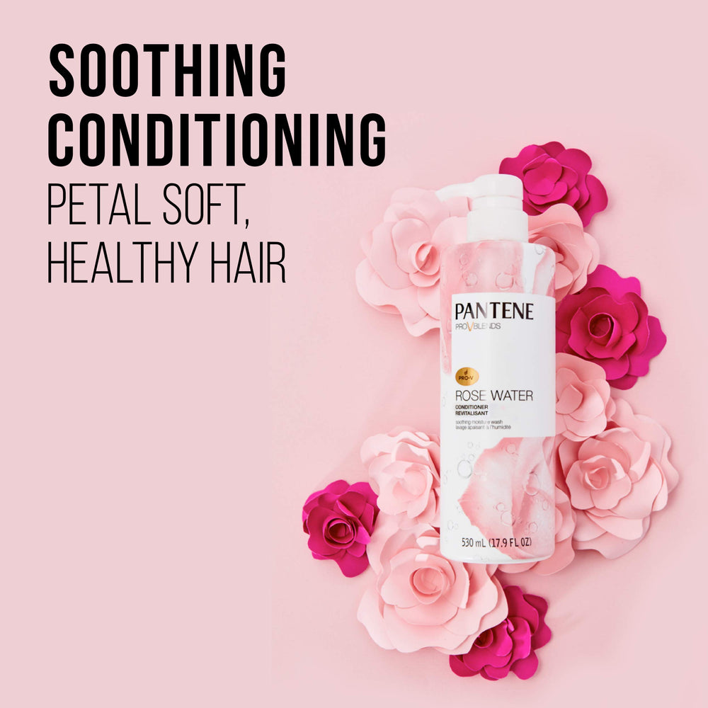 Pantene rose water conditioner close-up shows smoothing moisture for softer hair.