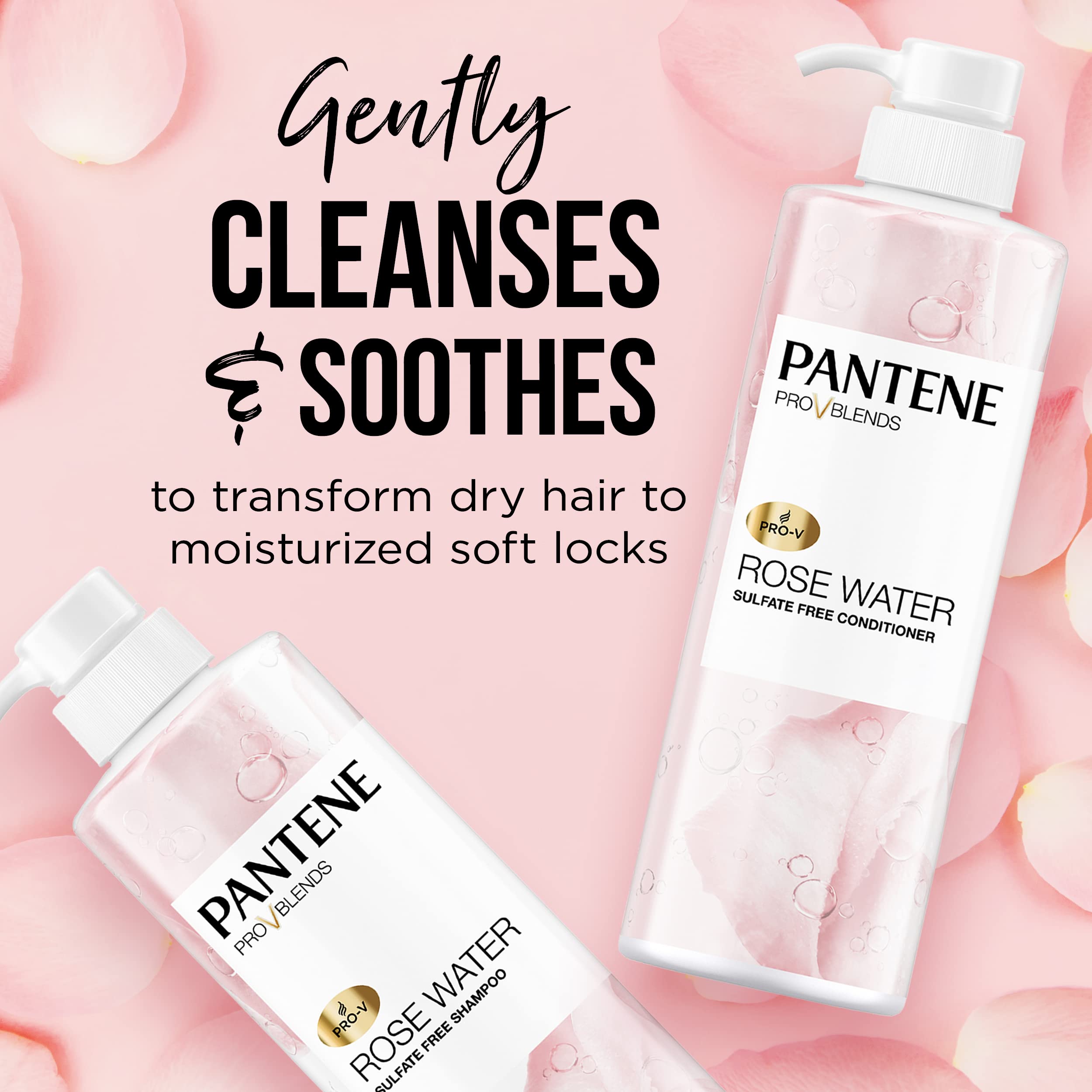 Pantene sulfate-free conditioner rose water bottle nourishes and detangles dry hair.