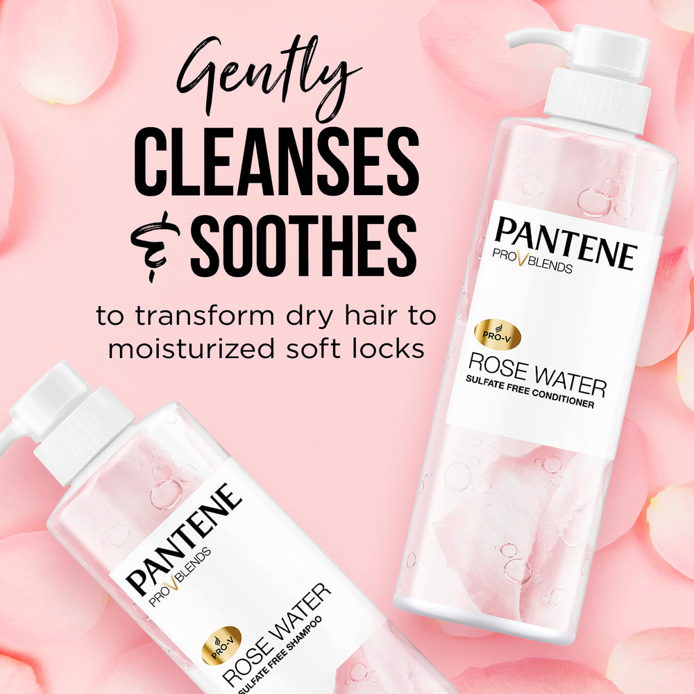 Pantene sulfate-free conditioner rose water bottle nourishes and detangles dry hair.