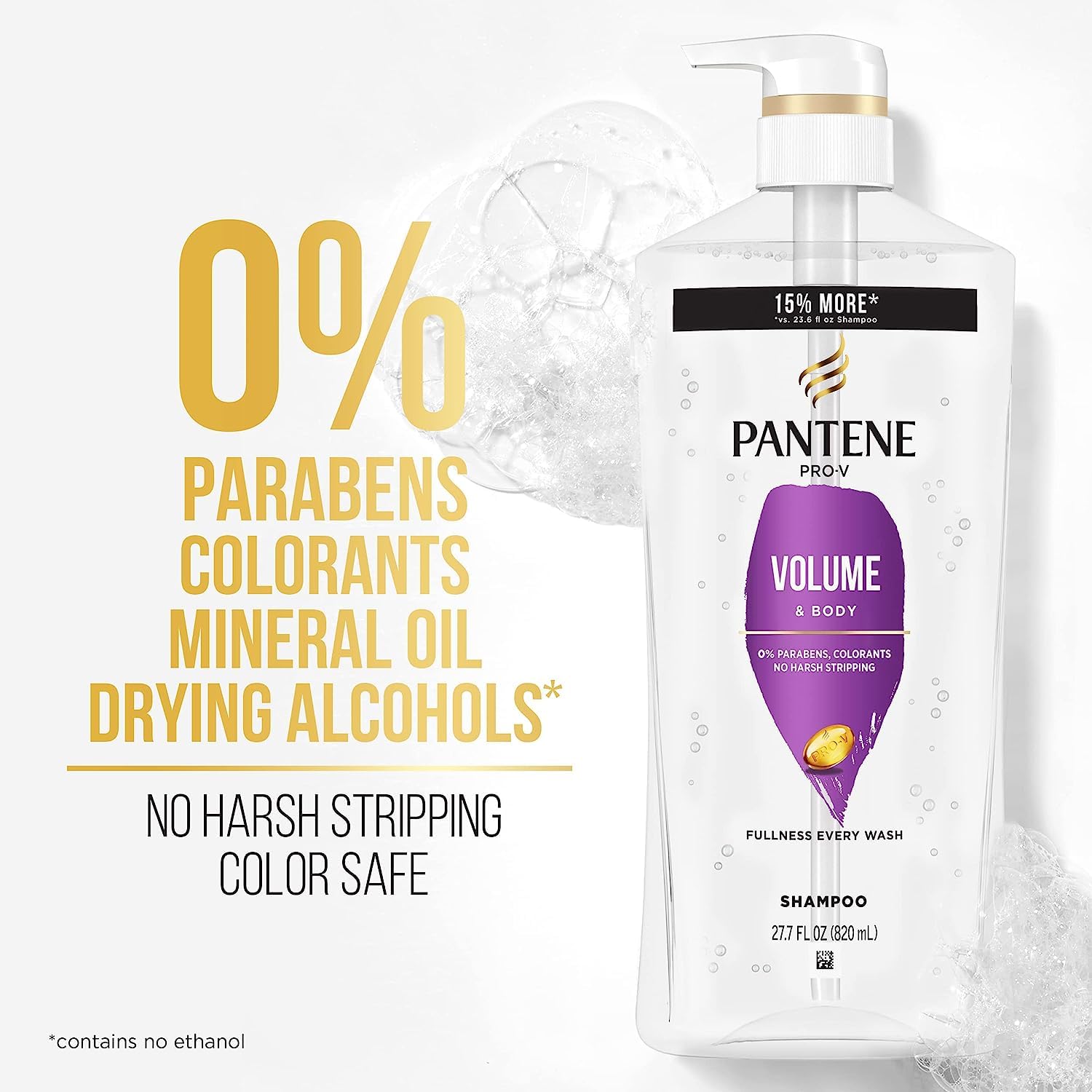 Pantene Volume & Body conditioner bottle close-up emphasizing detangled smoothness and lasting fullness.