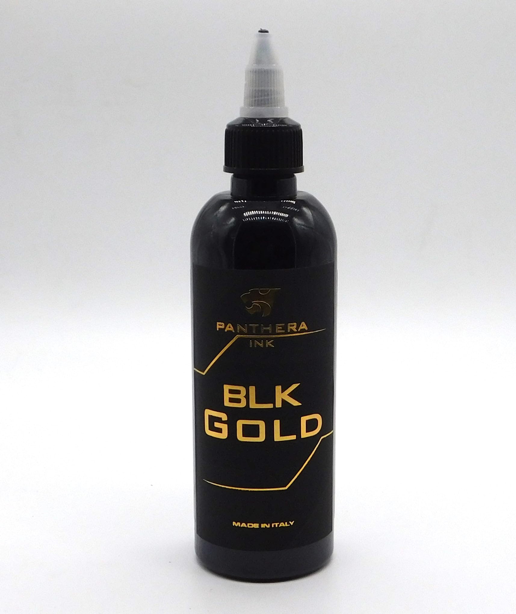 Panthera Black BLK Gold tattoo ink bottle with premium formula for deep, long-lasting black.