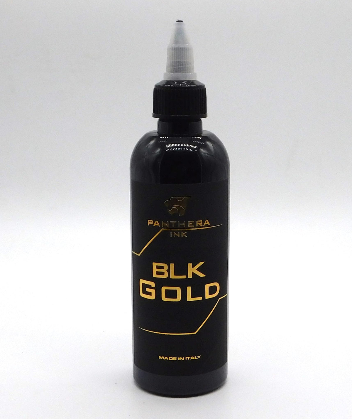 Panthera Black BLK Gold tattoo ink bottle with premium formula for deep, long-lasting black.