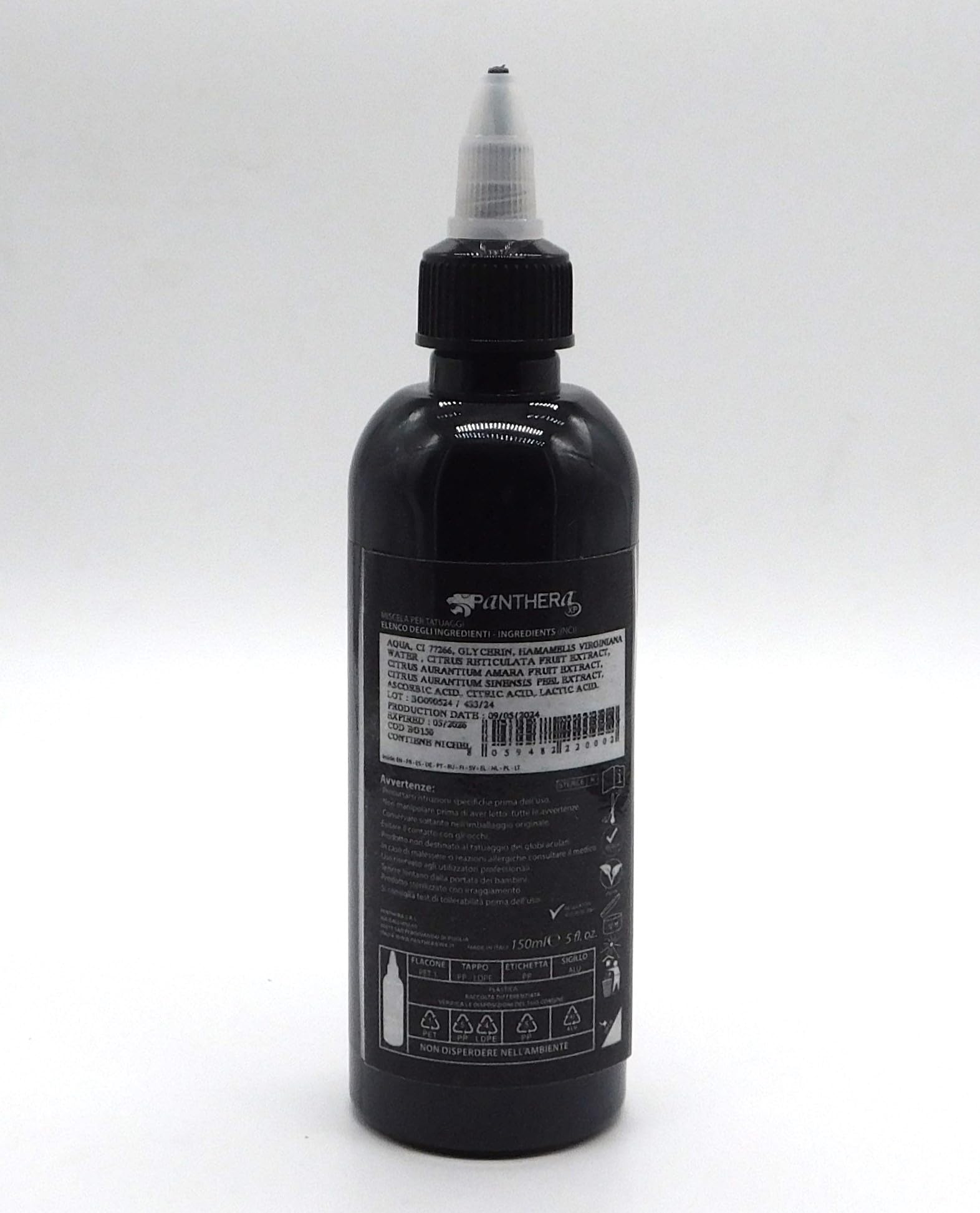 Panthera Black BLK Gold ink label close-up highlighting EU-compliant, high-quality ink.