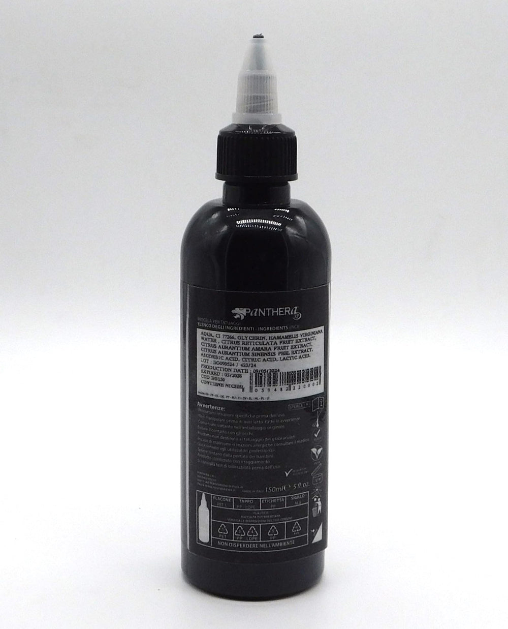 Panthera Black BLK Gold ink label close-up highlighting EU-compliant, high-quality ink.