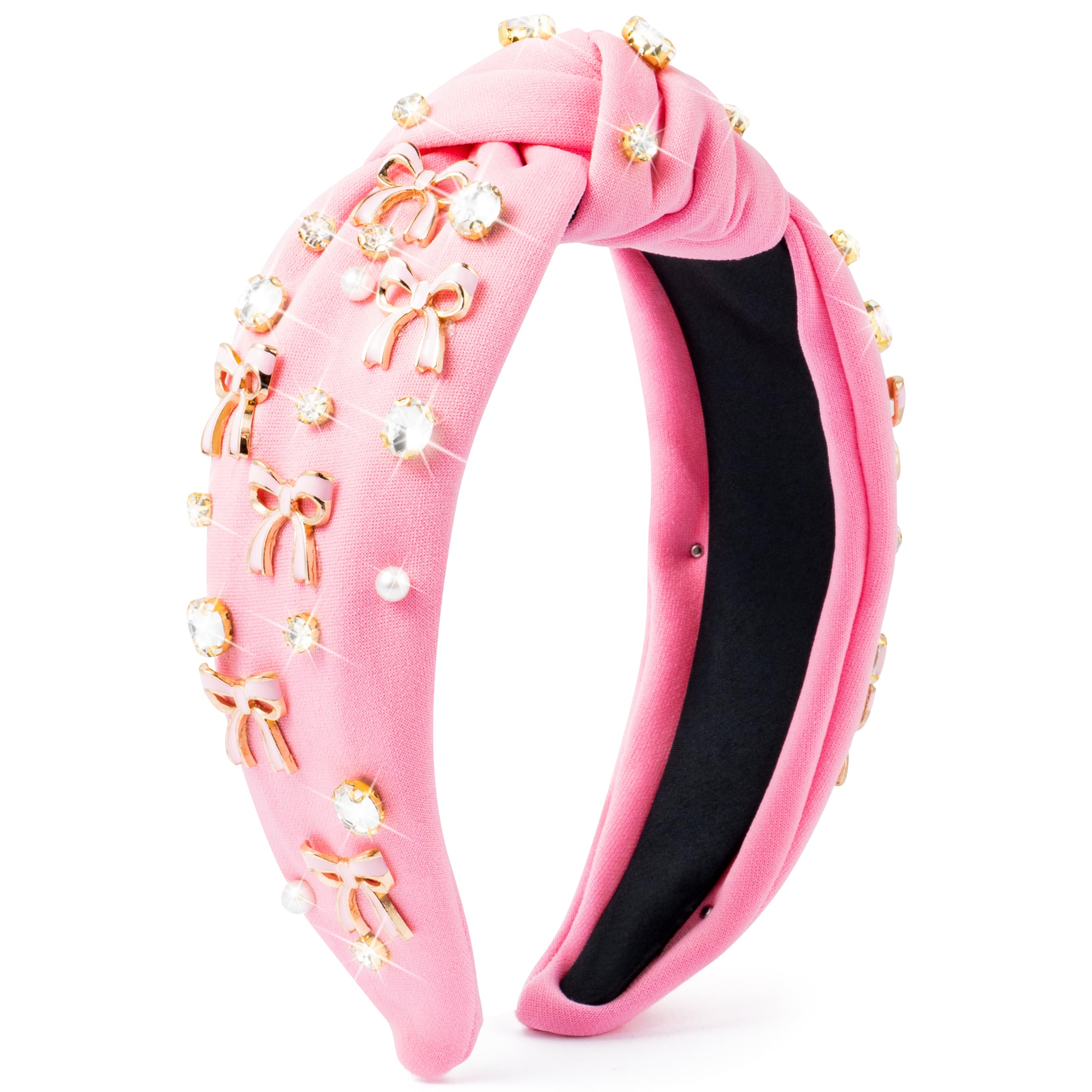 PANTIDE Coquette pink bow headband with rhinestones adds playful sparkle for everyday outfits.