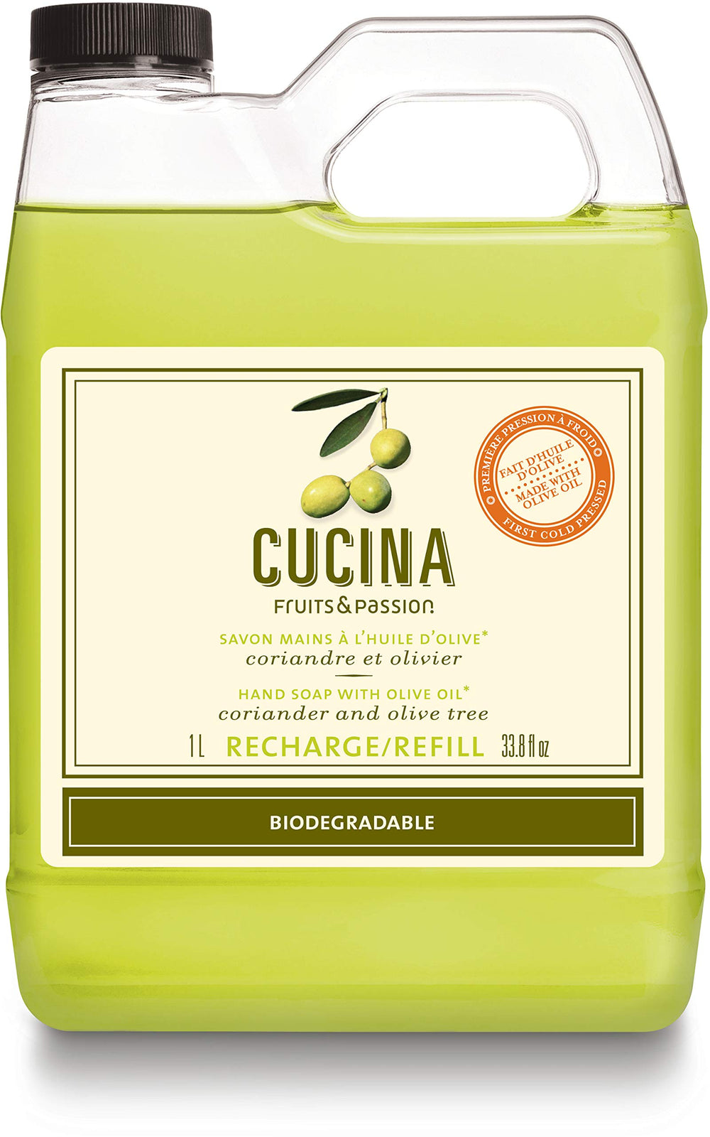 PANZERR Cucina coriander-olive-tree bottle with Mediterranean aroma for kitchen handwashing rituals.
