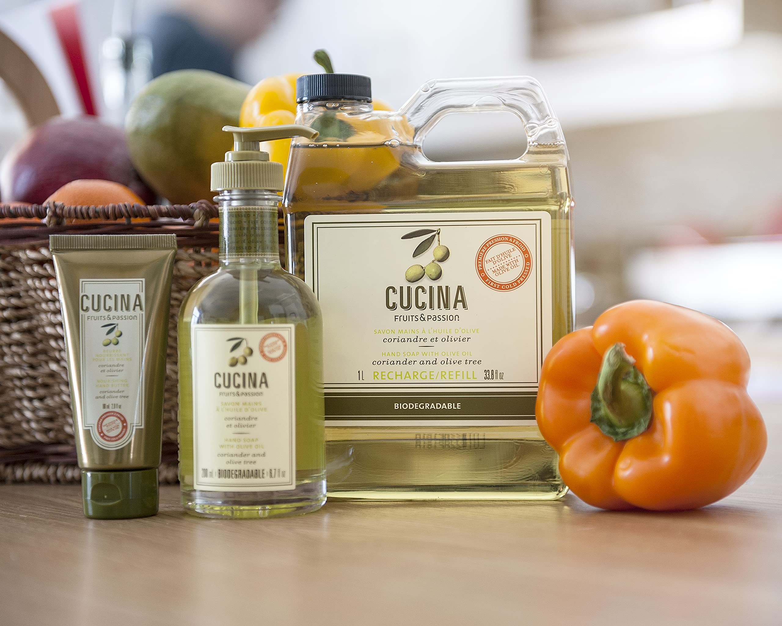 PANZERR Cucina kitchen counter display featuring refined Mediterranean hand wash packaging.