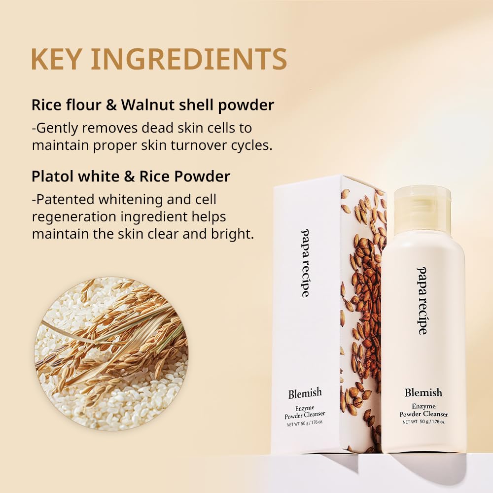 Papa Recipe blemish enzyme powder texture close-up reveals rice powder exfoliating particles