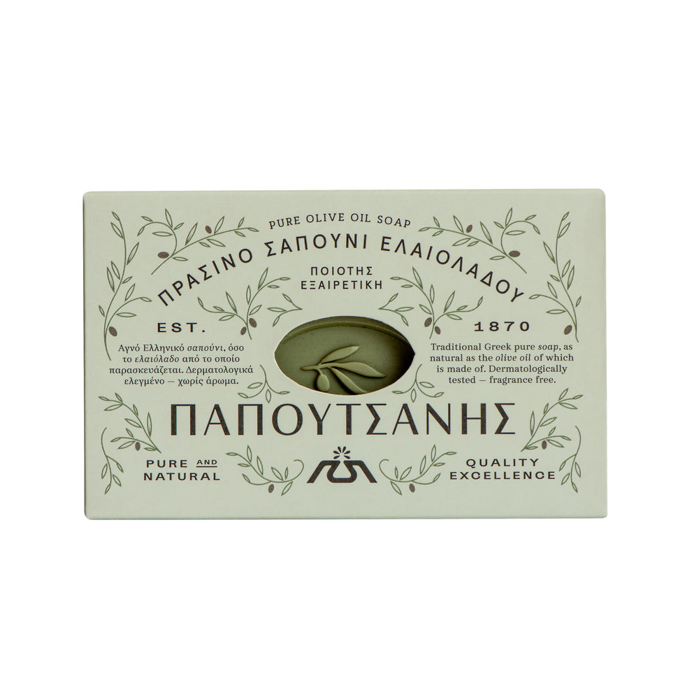 Papoutsanis pack of four bars shown; long-lasting cleansing.