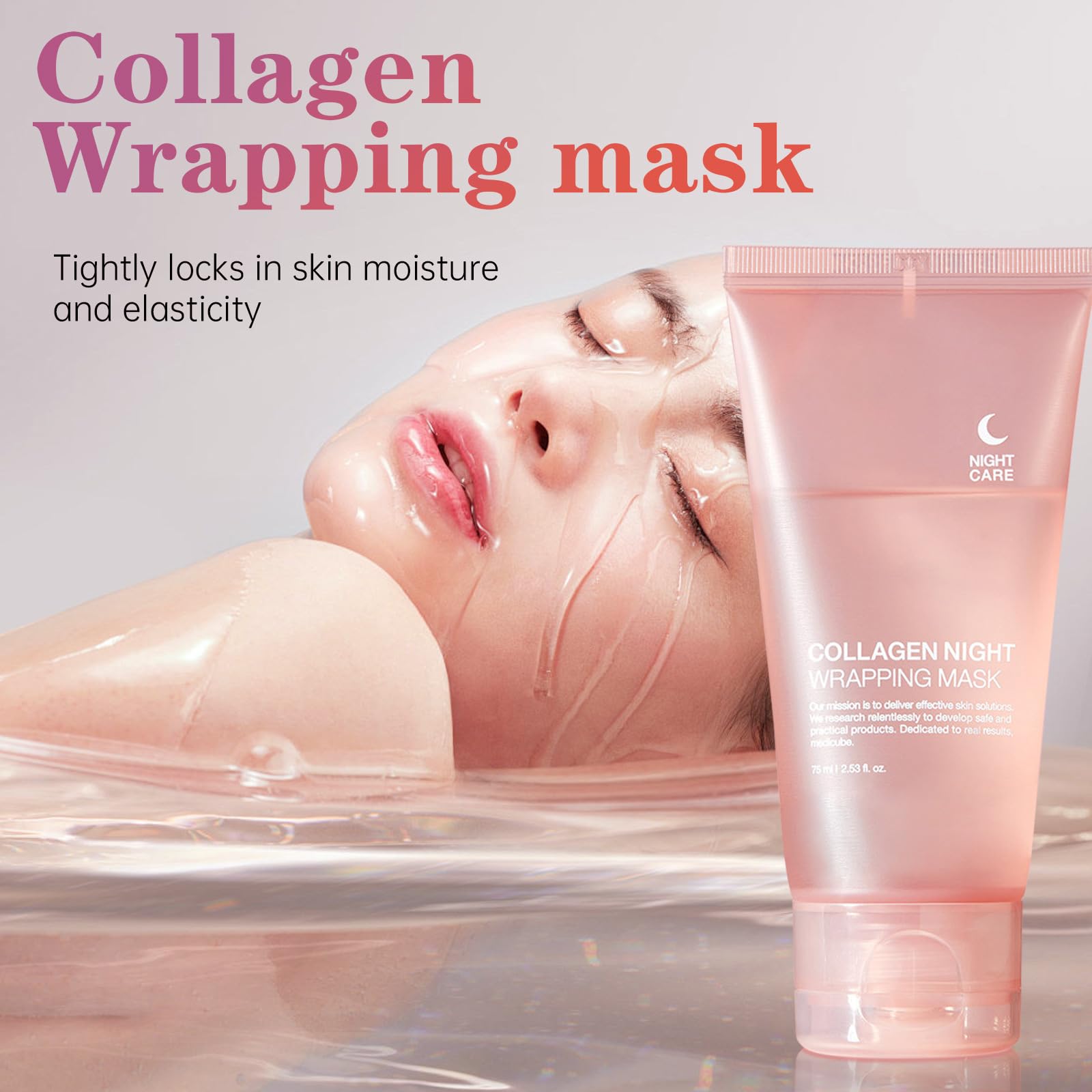 PAQIMAN collagen night-wrapping mask on face demonstrates overnight hydration potential.