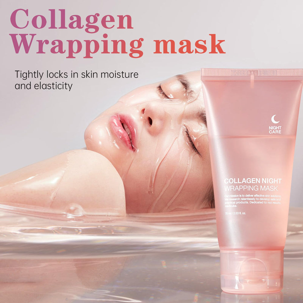 PAQIMAN collagen night-wrapping mask on face demonstrates overnight hydration potential.