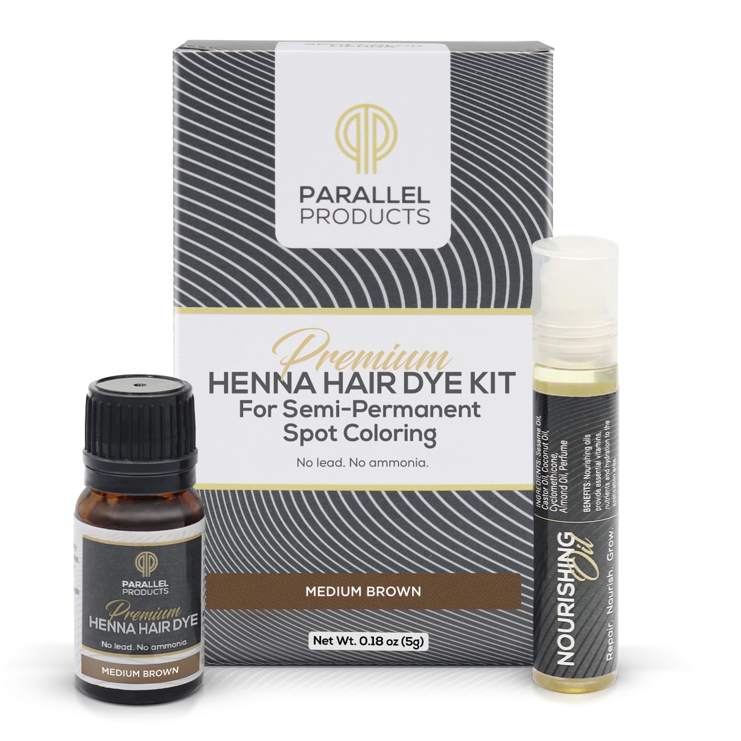 Parallel Products henna kit close-up showing nourishing oil and brush for easy use.