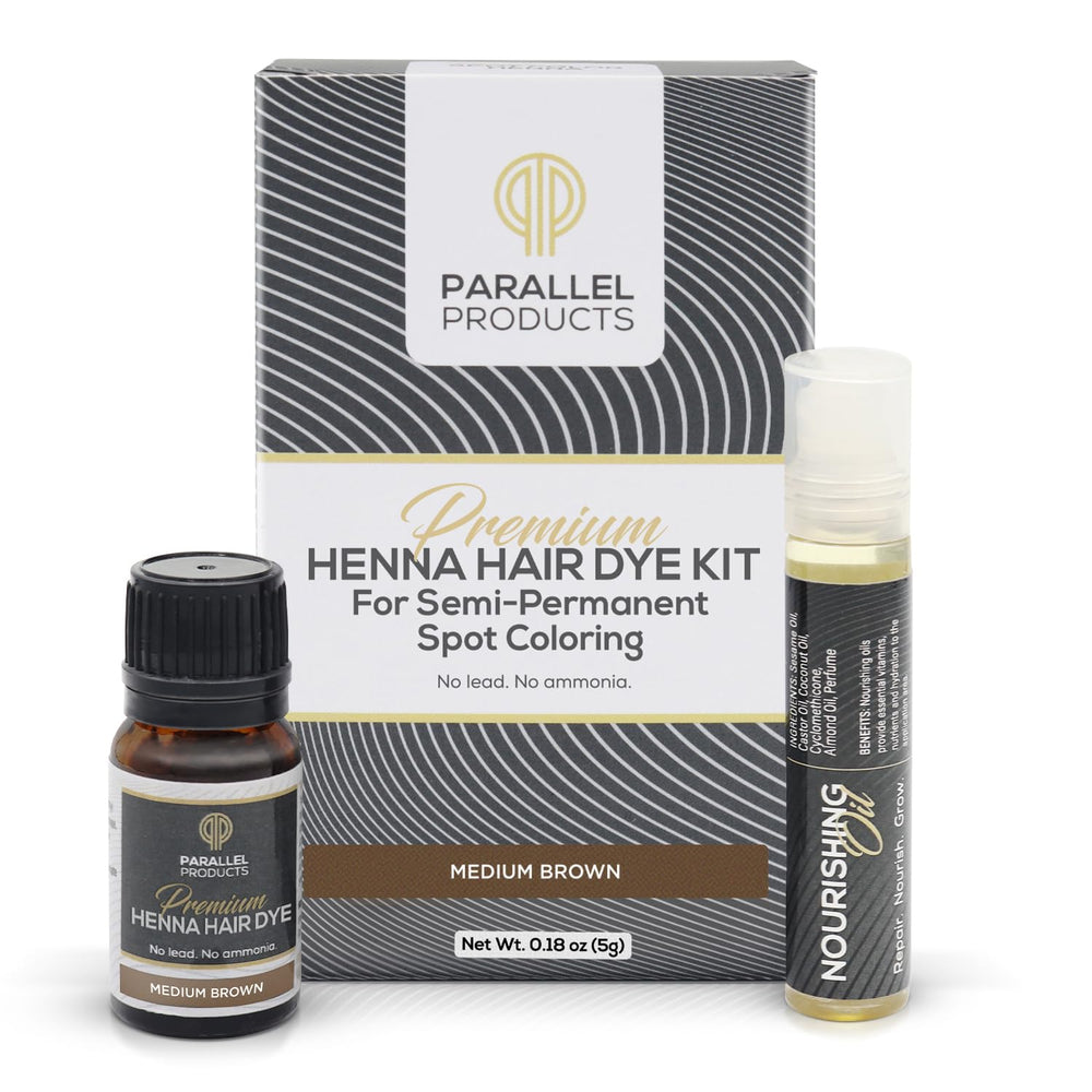 Parallel Products henna kit close-up showing nourishing oil and brush for easy use.