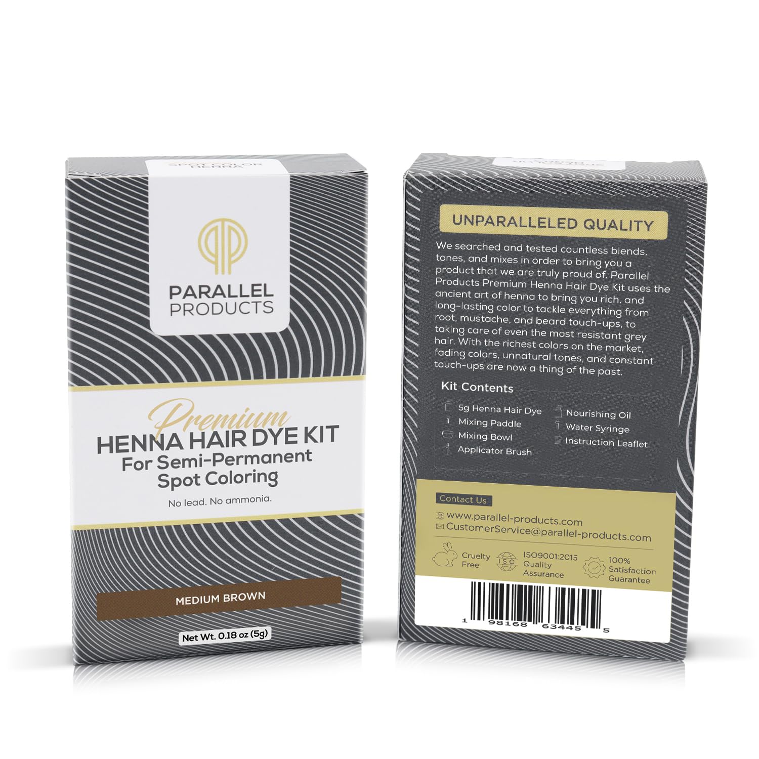 Parallel Products nourishing oil included to condition hair during henna spot coloring.