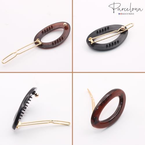 Parcelona side-slide barrette shell oval close-up showing easy snap-on styling.