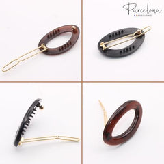 Parcelona side-slide barrette shell oval close-up showing easy snap-on styling.
