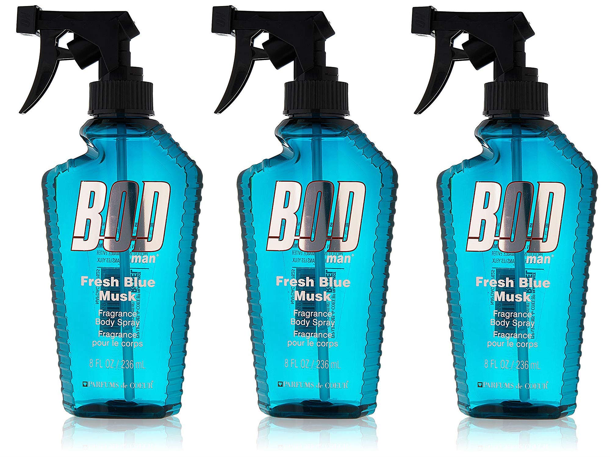 Parfums De Coeur BOD Man Fresh Blue Musk body spray bottle for daily fresh subtle masculinity.