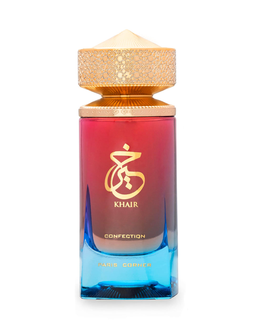 Paris Corner Khair Confection bottle close-up highlights a luxurious, long-lasting fragrance for daily confidence.