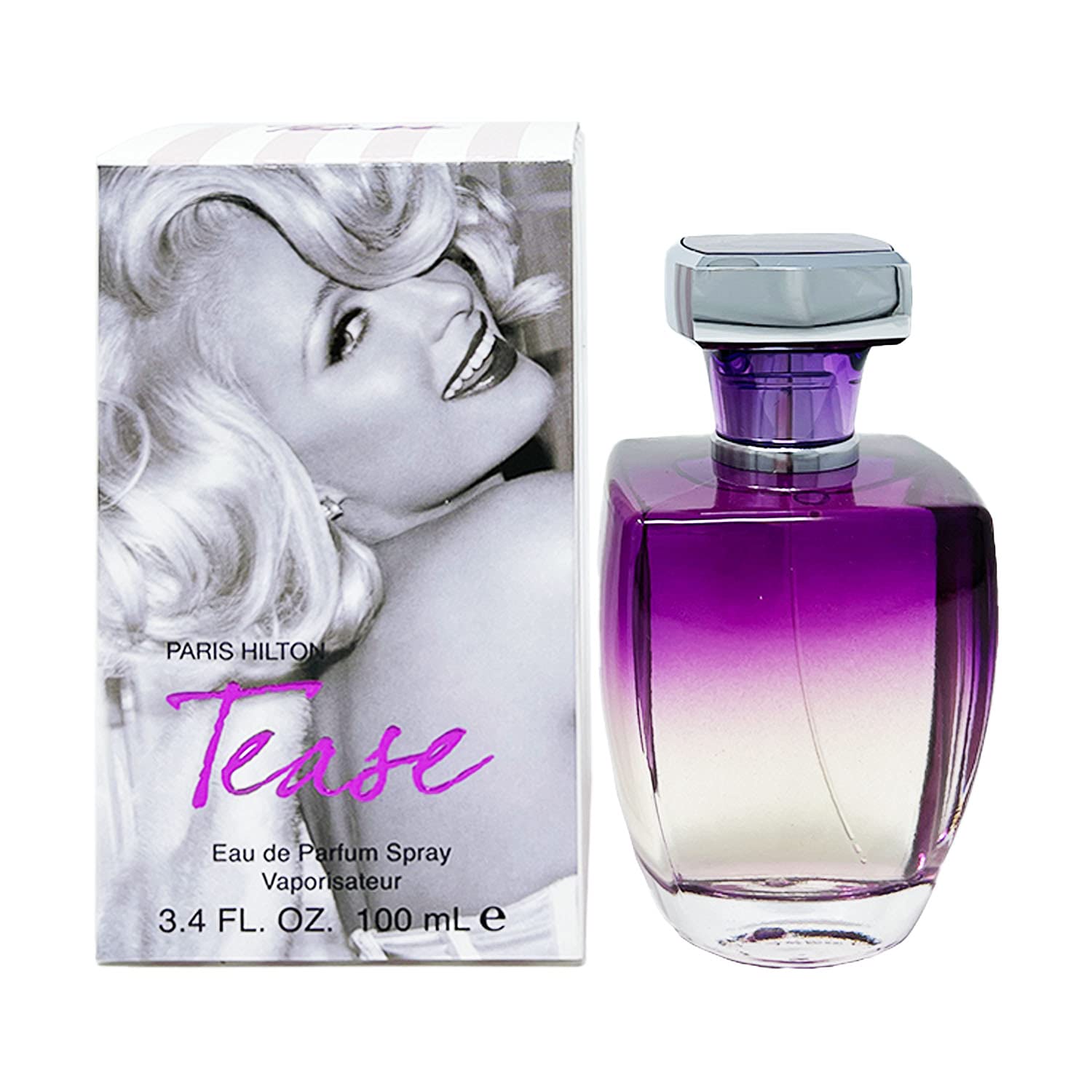 Paris Hilton Tease bottle pour highlights glamorous evening wear.