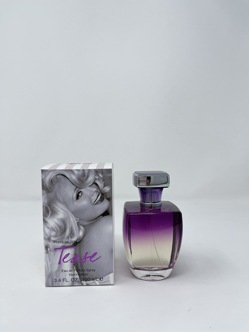 Paris Hilton Tease perfume box label evokes Marilyn Monroe-inspired glamour.