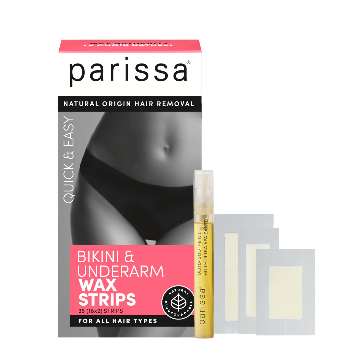 Parissa bikini wax strips kit packaging on bathroom counter for easy at-home hair removal