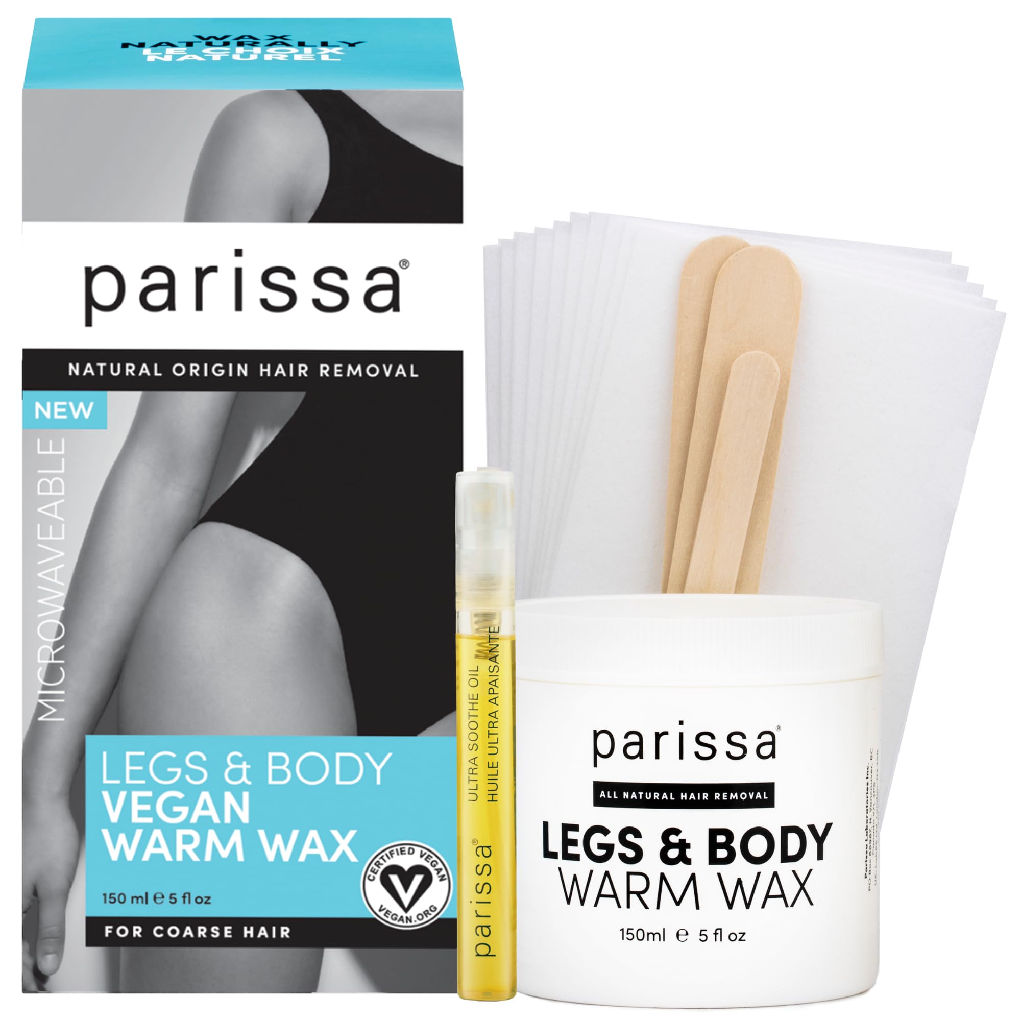 Parissa vegan microwavable warm wax kit packaging shows a clean vegan formula for at-home waxing.