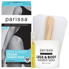 Parissa vegan microwavable warm wax kit packaging shows a clean vegan formula for at-home waxing.
