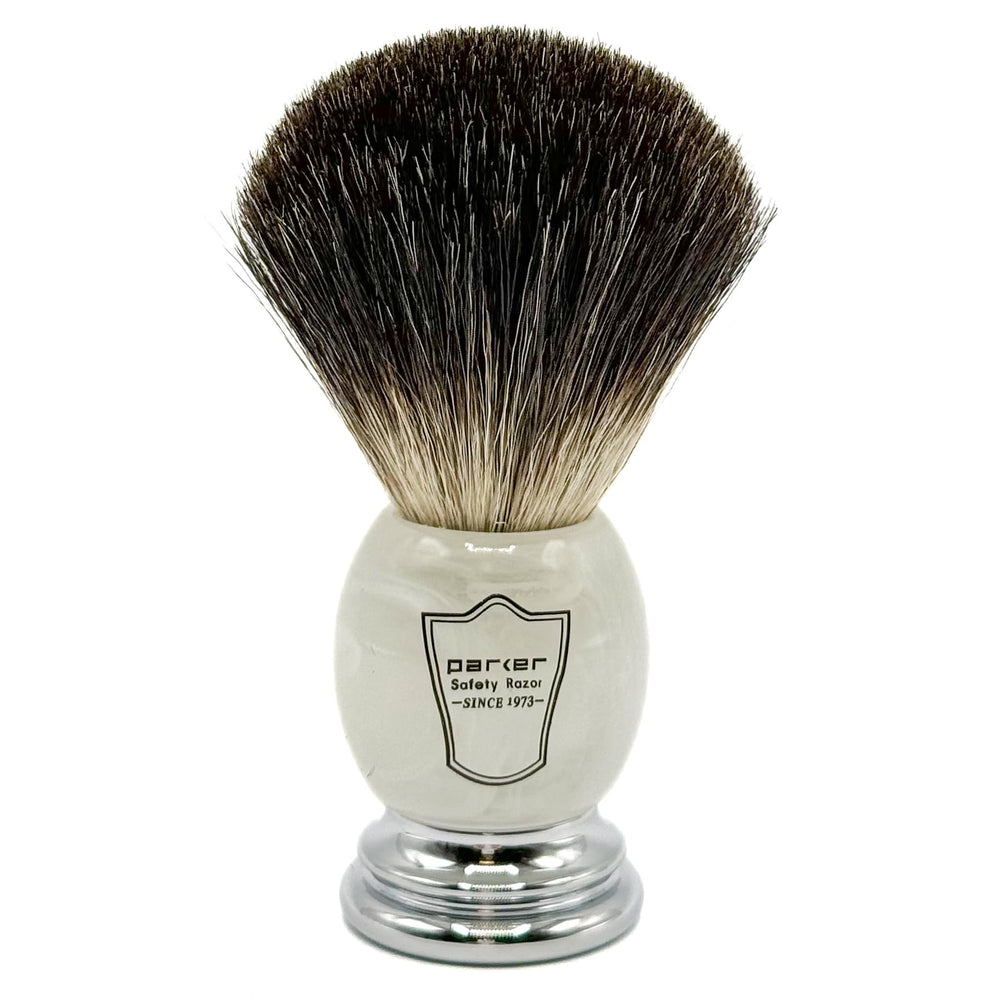 Parker 100% Black Badger Bristle Brush dense bristles for rich, luxurious lather.