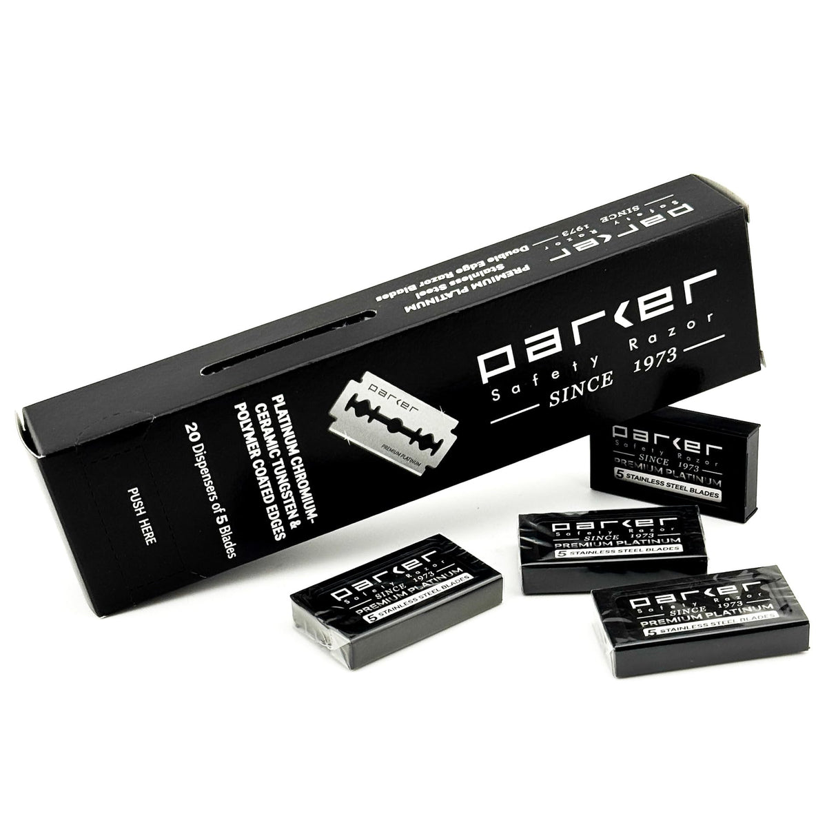 Parker 100-count blades close-up shows platinum-tungsten-chromium coating for a smooth shave.
