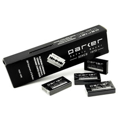Parker 100-count blades close-up shows platinum-tungsten-chromium coating for a smooth shave.