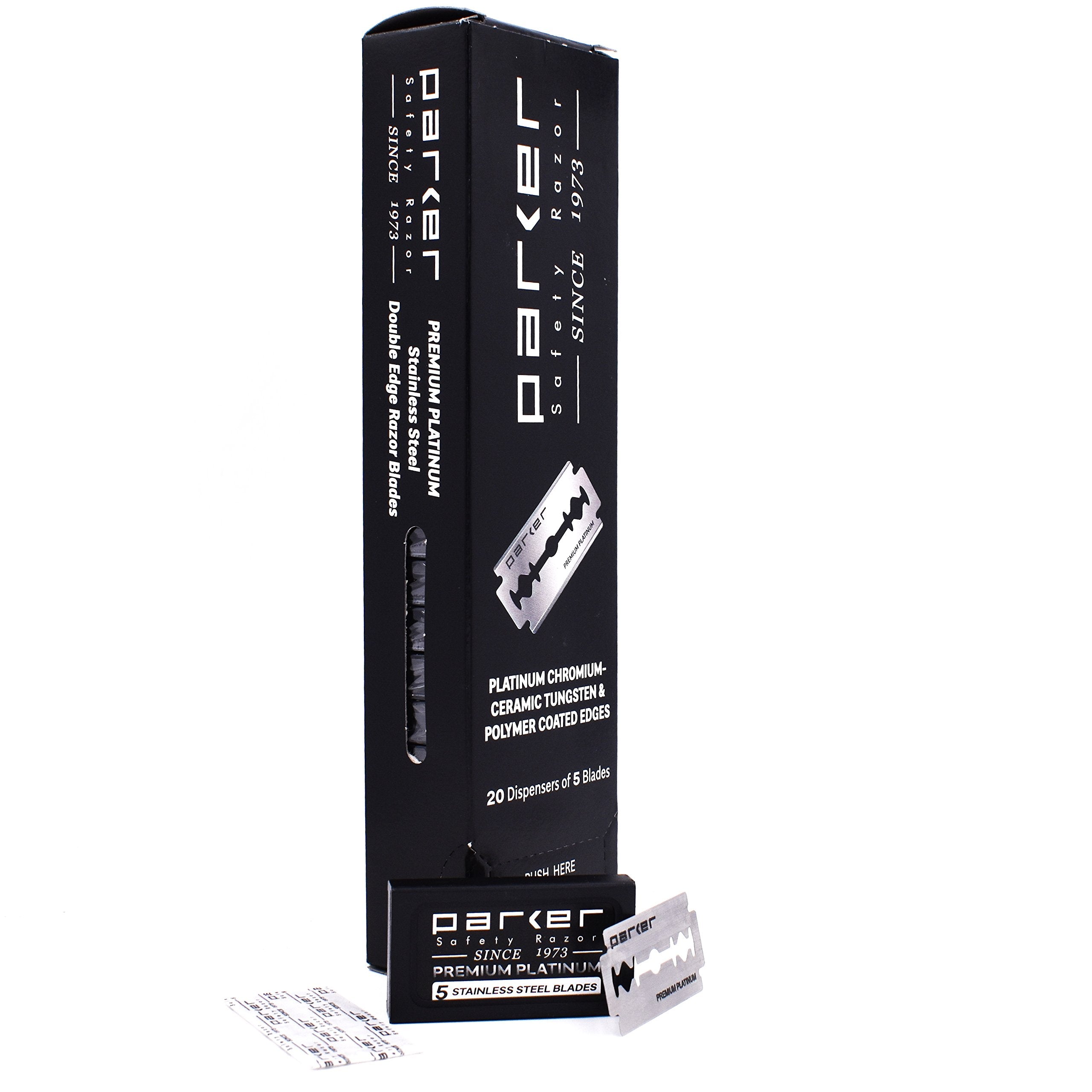 Parker 100-count blades dispenser packaging highlights bulk value and blade storage.