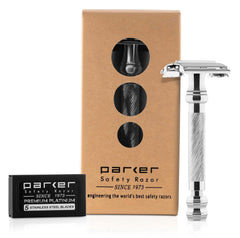 Parker 99R chrome long-handle image shows balanced weight for precise, controlled shaves.