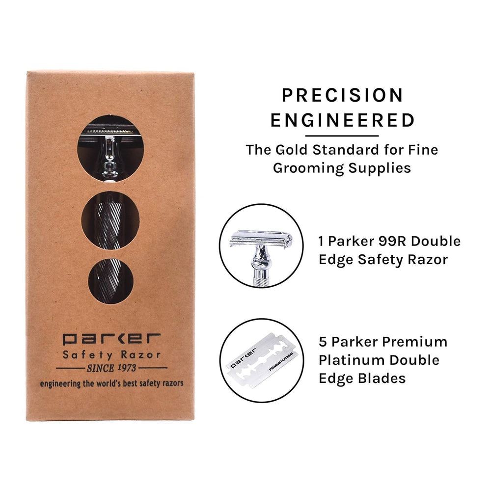 Parker 99R chrome-brass design supports eco-conscious, long-lasting grooming.