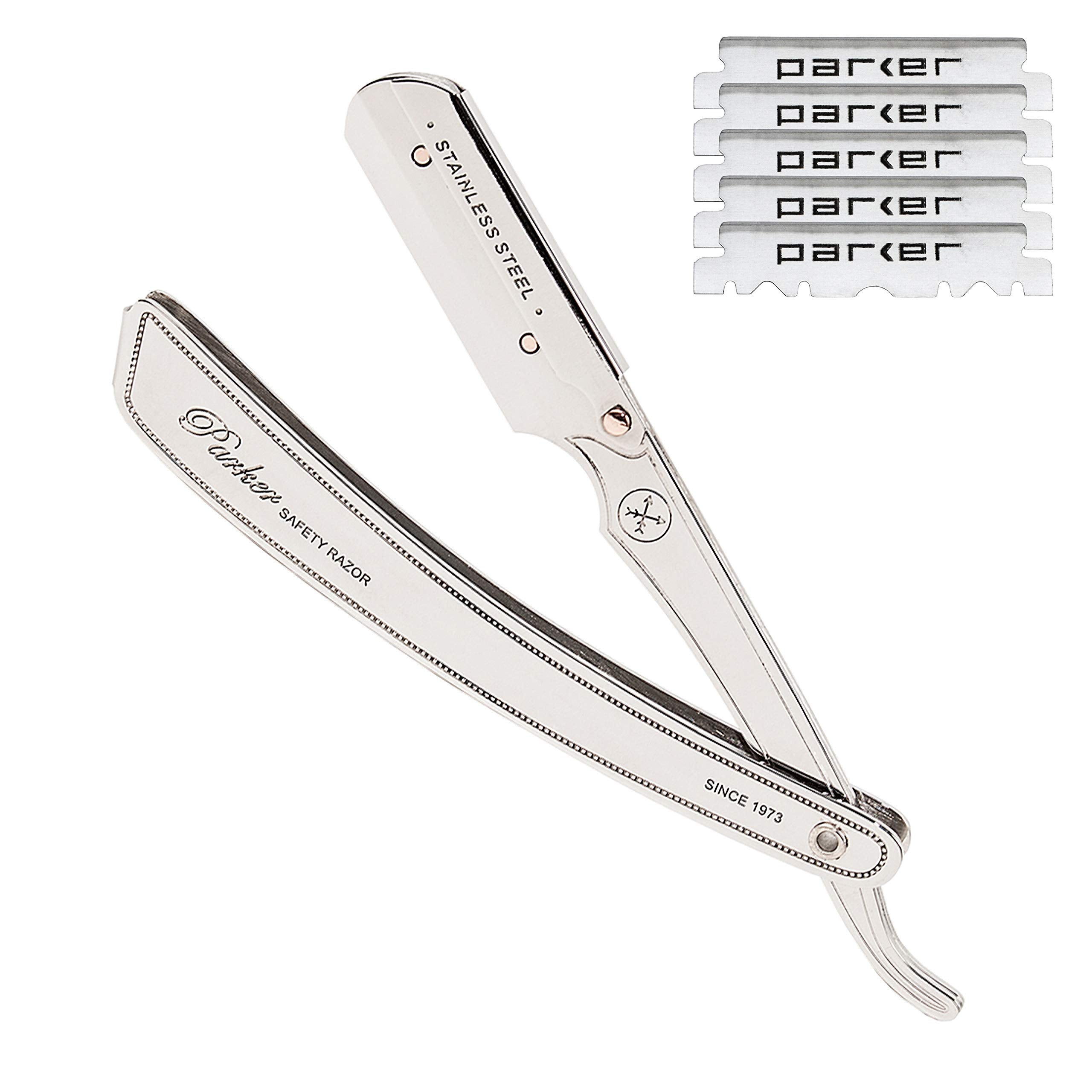 Parker SRX all stainless steel razor demonstrates durable construction for precise wet shaving.