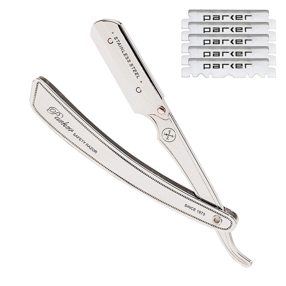 Parker SRX all stainless steel razor demonstrates durable construction for precise wet shaving.