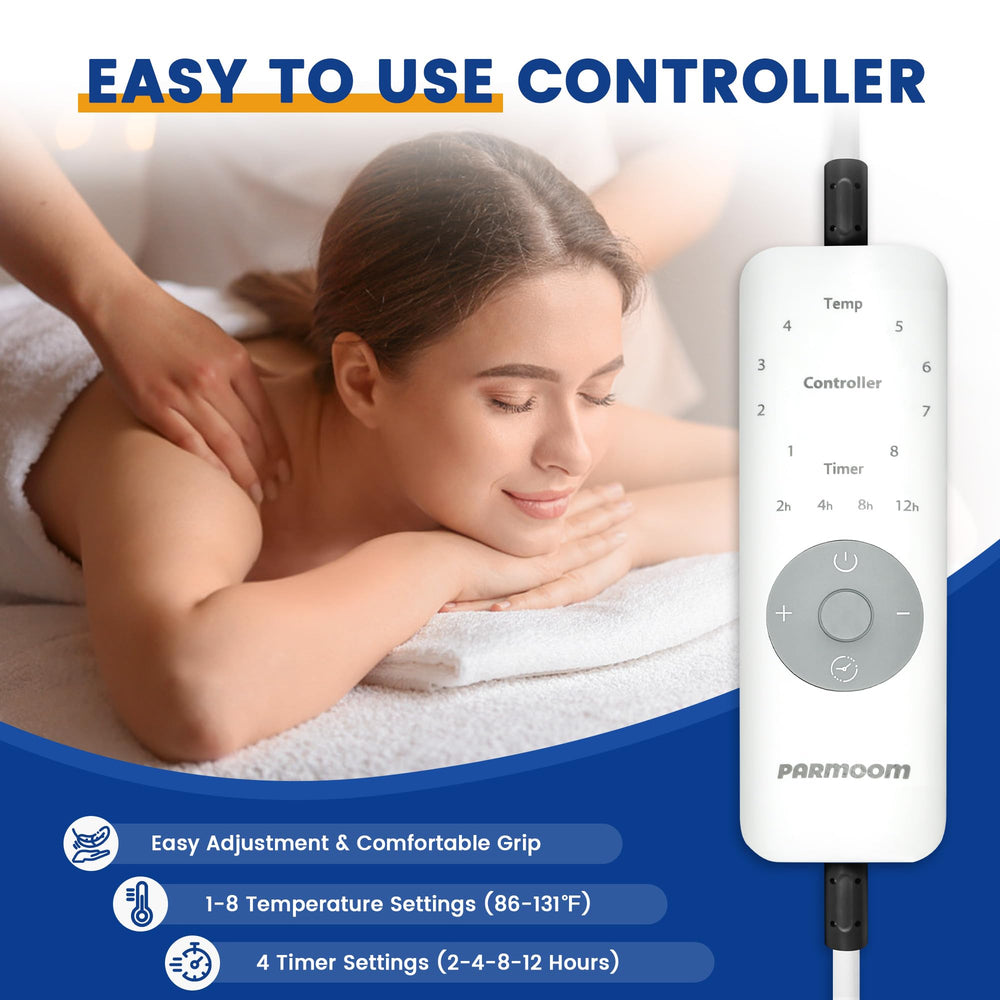 PARMOOM massage table warmer pad on bed demonstrates versatile warmth for home use.