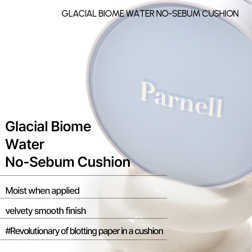 Parnell Glacial Biome Water No-Sebum Cushion applied as makeup primer.