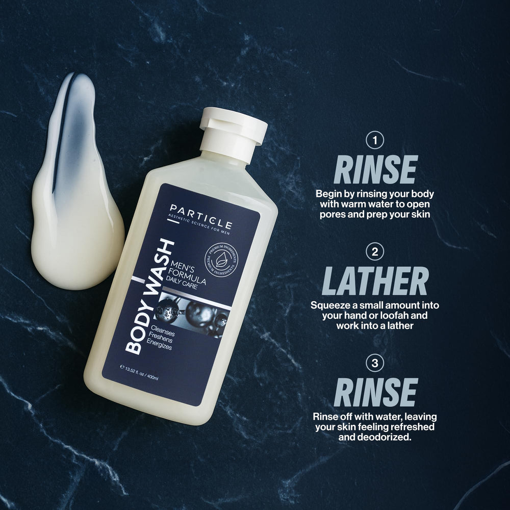 Particle Men’s Body Wash rinse-off action with rich suds