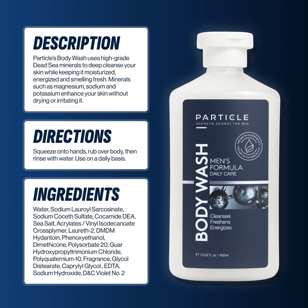 Particle collection for men grooming line shown as part of a complete routine
