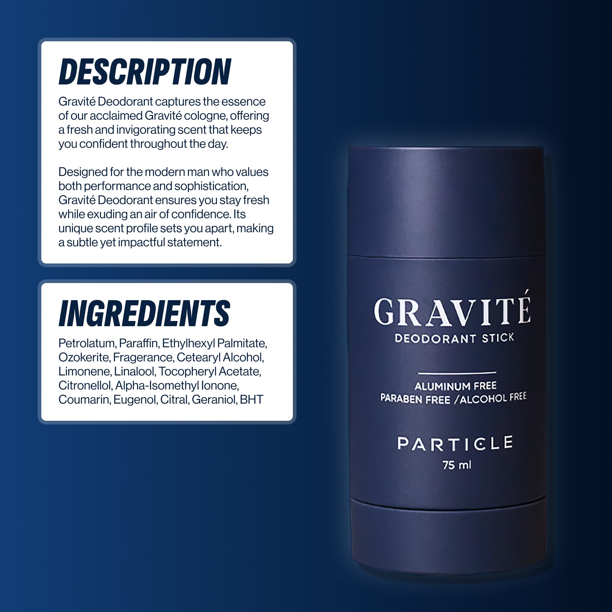 Particle Gravité deodorant worn by a man in daily office or gym scenario